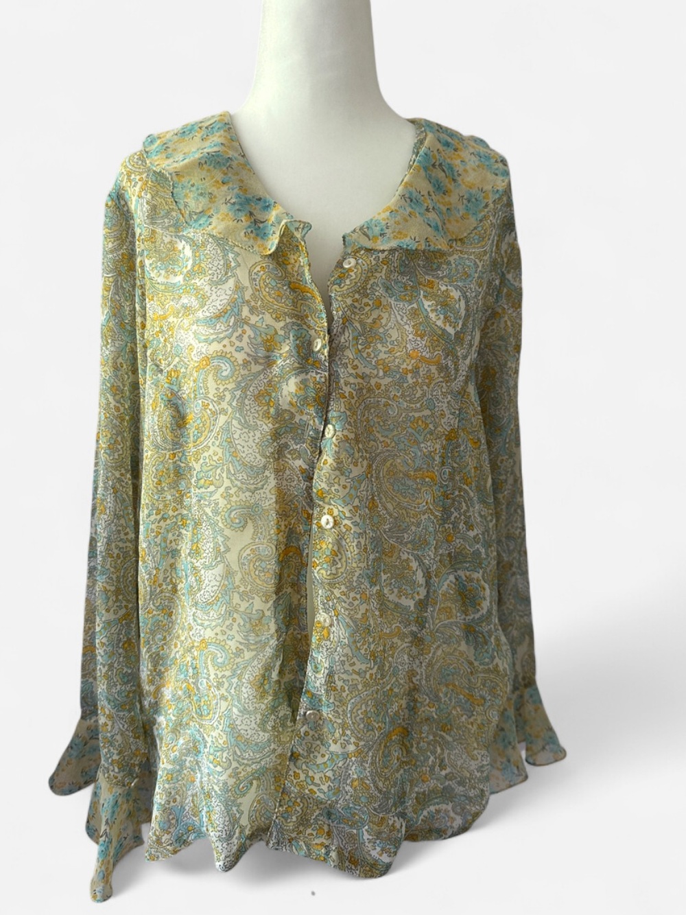 Claudia Richard Green and Blue Paisley Button-Down Silk Top